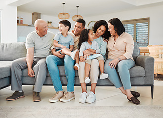 Image showing Relax, laugh and generations of family on sofa together, support and love in new home or apartment. Men, women and children on couch, happy smile with grandparents, parents and kids in living room.