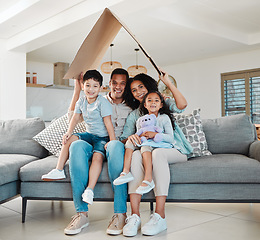 Image showing Family, children and portrait for home insurance, investment on financial safety on sofa with mother and father. Parents, kids and interracial people with cardboard roof for house cover and security