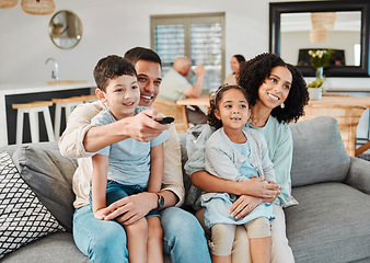 Image showing Remote, relax and happy family watching tv show, movie or decision on broadcast, kids entertainment or film. Lounge, channel surfing choice and home children, mother and father view television series