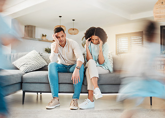 Image showing Running, kids and tired parents on sofa with stress or choas in living room, family home and children in house with energy. Exhausted, burnout and frustrated black couple on couch with young child