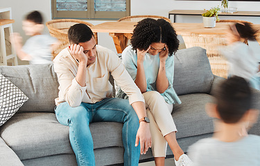 Image showing Kids, running and tired parents on sofa with stress or chaos in living room, family home and children in house with energy. Exhausted, burnout and frustrated black couple on couch with young child