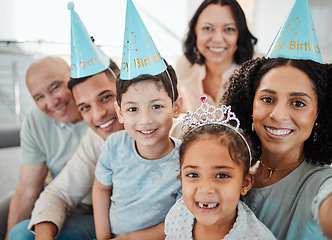 Image showing Birthday selfie, portrait of big family or happy kids with grandparents taking pictures in living room in house. Faces, mother or father with smile or senior people taking photo at party at home