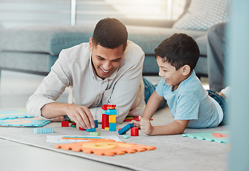 Image showing Building blocks, play or father with kid on the floor for learning, education or child development. Family home, relax or happy dad enjoying bonding time in living room with boy or toys for fun games