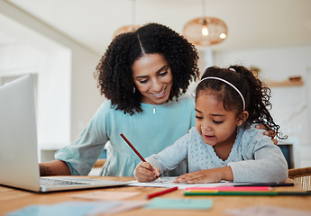 Image showing Homework, education and mother with girl writing for learning, child development and studying. Family, school and happy mom with kid at table with paper for creative lesson, growth and knowledge