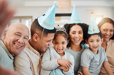 Image showing Birthday selfie, big family or happy kids with grandparents taking pictures in living room in house. Portrait of faces, mother or father with smile or senior people taking photo at party at home