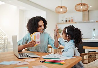 Image showing High five, homework success or mother with happy kid in celebration of learning shapes, goals or test quiz. Teamwork, smile or proud mom teaching kindergarten girl or child with support or motivation