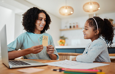 Image showing Homework, alphabet card and mother with girl for learning, child development and teaching at home. Family, academic and happy mom with kid at table with letters for lesson, English and knowledge