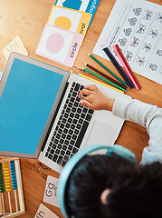 Image showing Computer, girl and online learning at table in home for class, homework and development, growth and education. Kid, working on pc and studying for school, math and writing on paper in living room