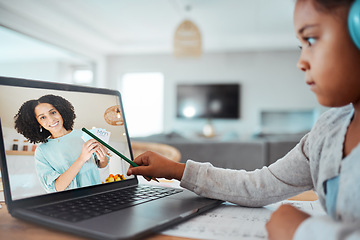 Image showing Girl child, laptop and e learning in home with pencil, pointing and teacher in virtual classroom, test or assessment. Kid, woman and video call for online course, education or helping in family house