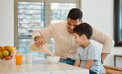 Image showing Breakfast, morning and cereal with father and son at table for love, food and support. Happy, relax and health with man and child eating in family home for nutrition, helping and happiness together