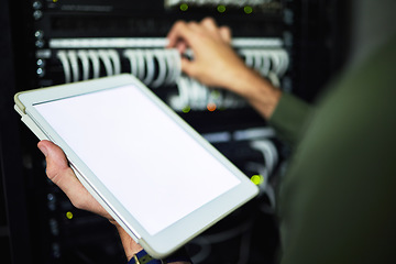 Image showing Screen, server room and hands with a tablet for information, network analytics or maintenance. Closeup, working and a programmer with blank technology for system connectivity, coding or support