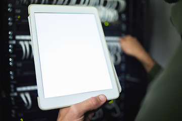 Image showing Screen, technician and hands with tablet for information on a server room for network analytics. Closeup, working and a programmer with mockup technology for system connectivity, coding and research