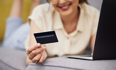 Image showing Hands of woman, credit card and ecommerce on laptop in home for digital payment, fintech password and online shopping. Closeup of customer, computer and banking code for financial investment account