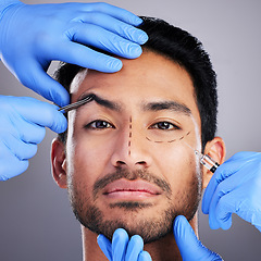 Image showing Plastic surgery, brow lift and drawing with portrait of man and surgeon for needle and syringe placement. Hands, face and dermatology of a male person with medical procedure and collagen in studio