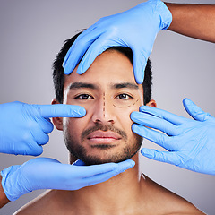 Image showing Plastic surgery, hands and drawing with portrait of man and surgeon for needle and syringe placement. Skincare, face and dermatology of a male person with medical procedure and collagen in studio