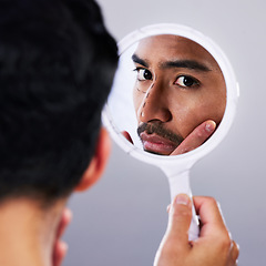 Image showing Plastic surgery, mirror and face drawing lines with studio and man with check for nose rhinoplasty. Skincare, filler and dermatology of a male person with medical procedure and collagen process