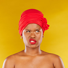 Image showing Makeup, fail and face of black woman in studio angry with cosmetic or results on yellow background. Beauty, mistake and African female model frustrated with lipstick, color or treatment disaster