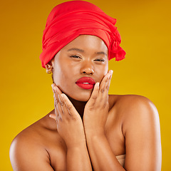 Image showing Beauty, woman and wrap with face wellness and red lips portrait and scarf for care and wellness in studio. Brown background, female person and cosmetics with African model and makeup for facial glow