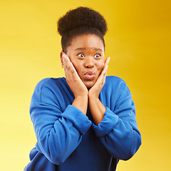 Image showing Wow, excited and hands on face of black woman in studio with news, deal or giveaway promo on yellow background. Omg, surprise and shocked African female with announcement, gossip or sign up prize