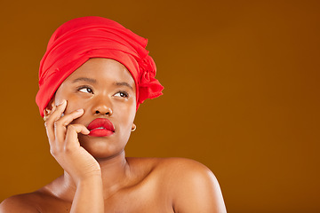 Image showing Beauty, makeup and mockup with face of black woman in studio for space, creative and pride. Skincare, salon and red lipstick with female model on brown background for wellness, self care and glow