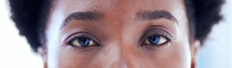 Image showing Banner, closeup eyes and portrait of black woman with makeup, serious expression or clean eyebrow. Skincare, microblading and an African girl or model with cosmetics, eyeliner or looking with beauty