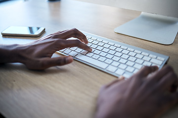 Image showing Person hands, keyboard and typing on computer with email, working and digital research. Worker, seo job and planning with online networking, company ux strategy and business writer in a office