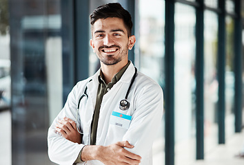 Image showing Portrait, doctor arms crossed and man smile for medical services, GP clinic support or professional medicare help. Medicine healthcare expert, hospital trust and surgeon pride in health wellness