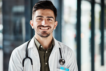 Image showing Portrait, healthcare and confident doctor, happy man or surgeon for medical services, clinic support or professional help. Cardiology health expert, trust and cardiologist pride in hospital wellness