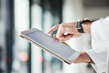 Image showing Hands, doctor and tablet with mockup screen for healthcare, hospital management and telehealth app. Closeup of medical worker, digital technology and space for research, review UX data and planning