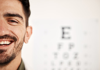 Image showing Face banner, optometrist and man with eye chart in hospital for vision, wellness or healthcare. Portrait, ophthalmologist and happy person with snellen graph, doctor smile or optician on mockup space