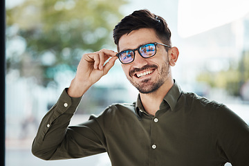 Image showing Portrait, face of man and happy with glasses for vision, eyesight and prescription lens. Young male person smile with new frame for designer eyewear, optical fashion and assessment in eye care clinic