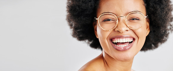 Image showing Mockup, portrait and black woman with glasses, smile and optometry on a white studio background. Face, person and model with eyewear, clear vision and happiness with optometrist, space and banner