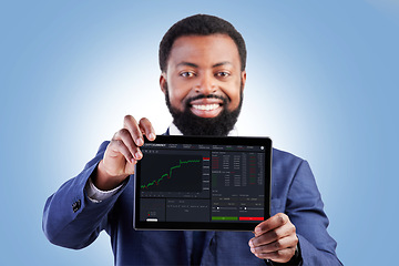 Image showing Financial data, tablet and business man portrait with stock market chart of cryptocurrency in studio. Happy, investment info and fintech worker with smile from statistics, web and digital profit