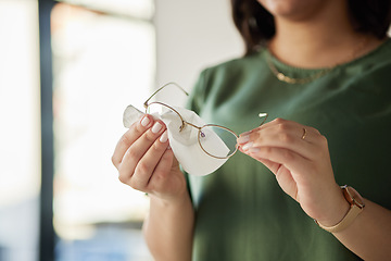 Image showing Vision, hands and woman or clean with glasses for dust or vision or cloth for protection. Female person, eye and care or wipe spectacles for eyesight with tissue for dirt or maintenance for frames.