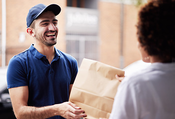 Image showing Happy delivery man, package and a customer at door with a paper bag for e commerce and shipping. Logistics, online shopping and freight or courier worker laughing and giving a woman a fast food order