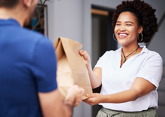 Image showing Package, delivery man and a woman at door with a smile and paper bag for e commerce and shipping. Logistics, online shopping and freight or courier worker giving a happy customer a fast food order