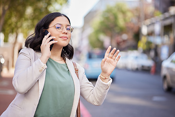 Image showing Phone call, taxi and woman in the street, communication or wave with connection, talking or hailing cab service. Female person, outdoor or girl with a smartphone, mobile app or commute with network