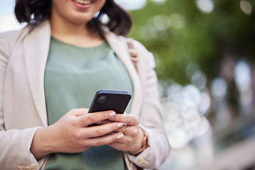 Image showing Outdoor, business and hands of woman with a cellphone in for job with communication on social media. Typing, read and information on technology with professional female on online app or networking.