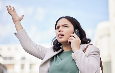 Image showing Angry, phone call and business woman in city with bad news and stress from work. Burnout, urban and female professional frustrated from job fail with anxiety and mobile networking in conversation