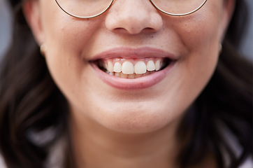 Image showing Teeth, dental hygiene of a woman with a smile on face for happiness, motivation and positive mindset. Closeup, zoom and mouth of a happy female person with cosmetics, confidence and wellness