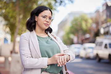 Image showing Watch, time and business with woman in city, appointment or morning commute to work interview, late or street. Person, entrepreneur or worker with a schedule, outdoor or travel with anxiety on a road