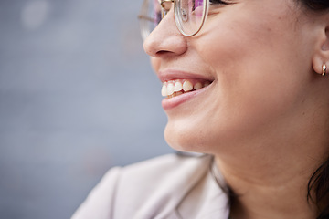 Image showing Dental hygiene, smile and teeth of a woman for closeup on happiness, motivation and positive mindset. Zoom, face and mouth of a happy female person with cosmetics, confidence and wellness profile