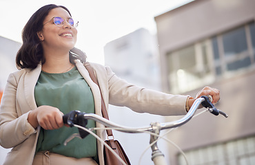 Image showing Business, woman and thinking in outdoor with bicycle for travel with smile and marketer. Professional, happy and female person with bike in street for transportation in city with bag to commute.