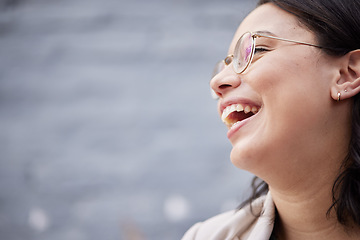 Image showing Laughing, funny and face of a woman with a smile for happiness, motivation and positive mindset. Closeup, zoom and a happy female person with cosmetics, confidence or idea on blurred background space