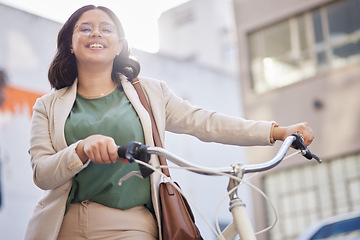 Image showing Portrait, smile and business woman with bicycle in outdoor for travel to work with marketer in city. Transportation, happy and professional female person with bike for career with cycling or bag.