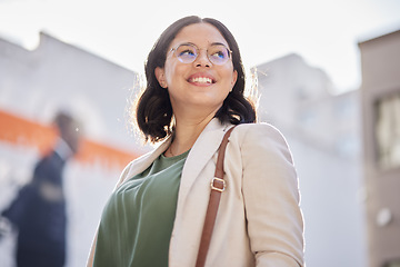 Image showing Business woman, vision and worker outdoor in city with job travel and thinking. Urban, face and female professional with bag for career and commute to work feeling happy and proud from success