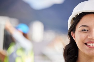 Image showing Woman, engineering portrait and city construction site, project development and infrastructure design. Happy face of architecture person, contractor or industrial worker in helmet and outdoor mockup