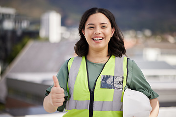 Image showing Woman, engineering portrait and thumbs up for city development, construction goals and like, yes or support sign. Architecture person, worker or contractor with safety gear and ok or good job emoji