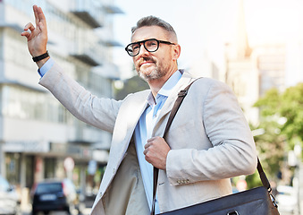 Image showing Business, travel and man with hand for taxi, attention or hail in city on morning work commute. Bus, stop and guy manager with finger sign in a street for transportation, calling or waiting for cab