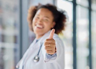 Image showing Thumbs up, hands of woman and doctor with success, support and trust in medical clinic. Closeup, healthcare worker and thumb sign to celebrate agreement, yes emoji and thank you of review in hospital